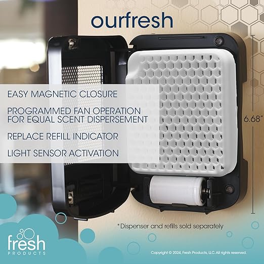 Fresh Products ourfresh 2 Air Freshener Replace Metered Aerosol with Dry Fragrance 30 Day Use Medium Sized Spaces Light Activated Battery Operated Batteries Included Coconut Vanilla 8 pk