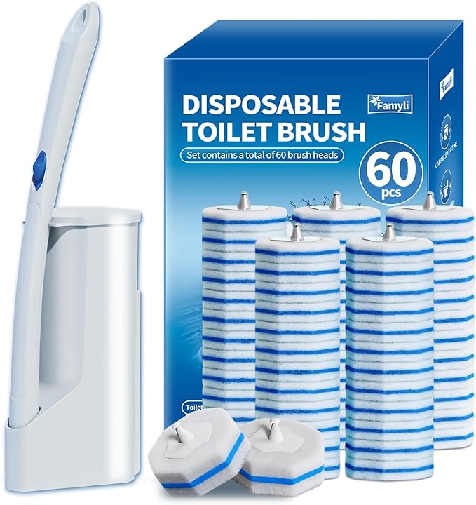 Disposable Toilet Brush Set with 60 Replacement Heads Toilet Cleaning Replacement Pads Starter Kit with Storage Case for Deep Cleaning and Hygienic Bathroom Maintenance