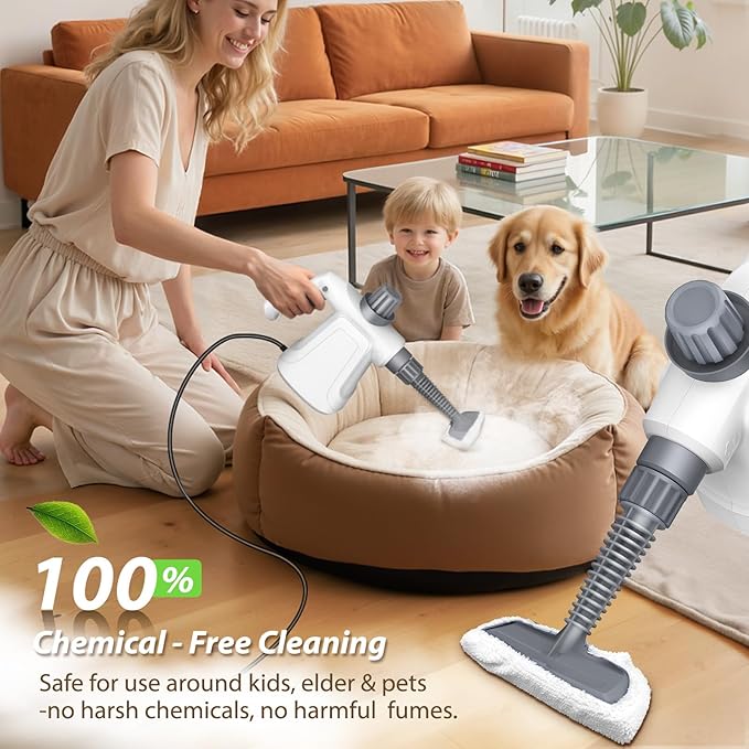 15.2OZ Steam Cleaner Hands-free Steamer for Deep Cleaning with 14PCS Accessories &amp Safety Lock Chemical-Free Handheld Steam Cleaner for Home Car Furniture Grease Grout Floor (White)