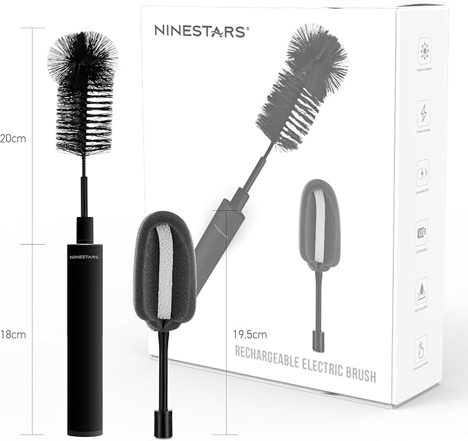 NINESTARS Electric Baby Bottle Cleaning Brush w/Sponge Brush &amp Bristle Head Long-Lasting Battery Electric Bottle Cleaner for All Families New Mom Time Saving Household Cleaning Tool (Black Meta
