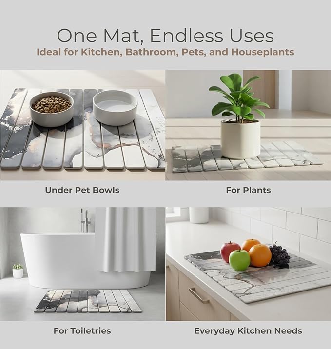 Stone Dish Drying Mat Foldable Diatomaceous Sink Mat – Fast-Drying Non-Slip Easy-Clean Stone Drainer for Kitchen &amp Bathroom (15.75” x 23.62”)