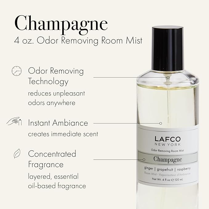LAFCO New York Odor Removing Room Mist Champagne - 4 oz - Eliminates Unpleasant Scents &amp Provides Luxurious Fragrance - Up to 750 Pump Sprays Per Bottle - Made in the USA