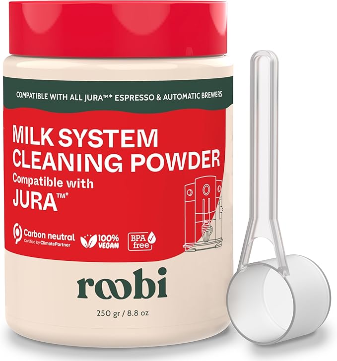 Roobi Compatible Milk System Cleaning Powder for Jura. Specially formulated for Jura Automatic Espresso Coffee Machines. 100% Vegan Carbon Neutral.