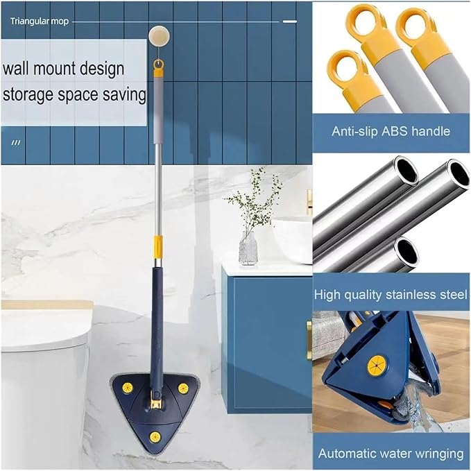 Triangle Cleaning Mop Telescopic 360° Rotatable Adjustable Microfiber with 4 Pads Floor Household Ceiling(10pcs Cloth)