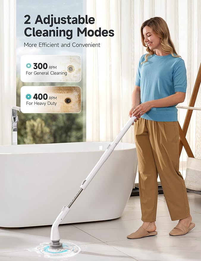 HiCOZY Electric Spin Scrubber HS1 Cordless Shower Scrubber for Cleaning with 4 Replaceable Brush Heads Adjustable Extension Handle IPX7 Waterproof Cleaning Brush for Bathroom Floor White
