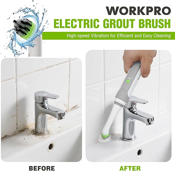 WORKPRO Cordless Grout Brush Set 5500RPM Power Scrubber IPX6 Waterproof Electric Scrubber with Type-C Charging Cable and Replaceable Brush Heads for Cleaning Grout Tiles Grime and Crevices
