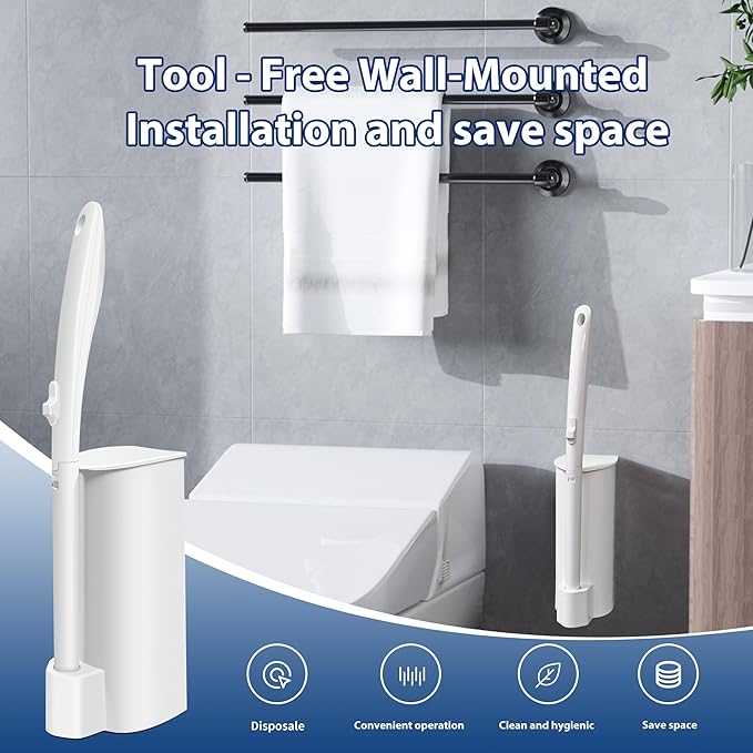 2 Pack Disposable Toilet Brush Set with 60 Refills Wall-mounted Toilet Bowl Wand Kit-2 Extend Toliet Wand 2 Storage Holder&amp60 Disposable Refill Pre-Filled Cleaning Solution for Deep Cleaning Toi