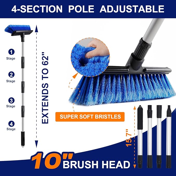 62 Car Wash Brush Mop with Long Handle 10 Soft Bristle Scrub Scratch-Free Car Cleaning Brush Supplies Broom Kit for RV Boat Truck SUV House Siding Snow Floors Extension Aluminum Alloy
