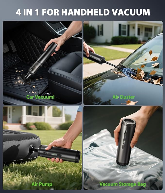 Car Vacuum Portable Cordless Handheld Vacuum Cleaner 4-in-1 Mini Cordless Vacuum with 2 Suction Modes and 16800pa Suction Power Blowing &amp Inflating 2 Modes Handheld Vacuum for Car Desk Keyboards