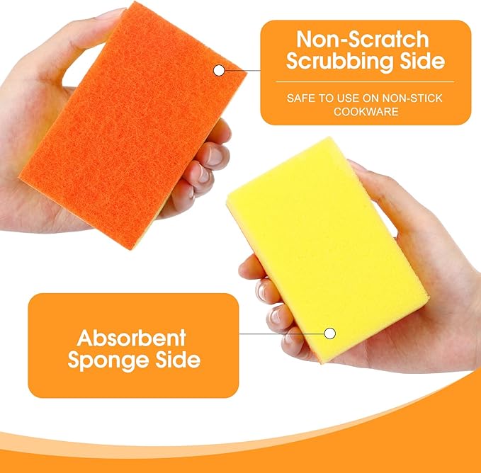 Tioncy 100 Pcs Individually Wrapped Sponges Bulk Kitchen Orange Non Scratch Scrub Sponges Dual Sided Cleaning Scrubber for Household Washing Dishes Pots Pans Sinks Stoves Appliances Car Bike