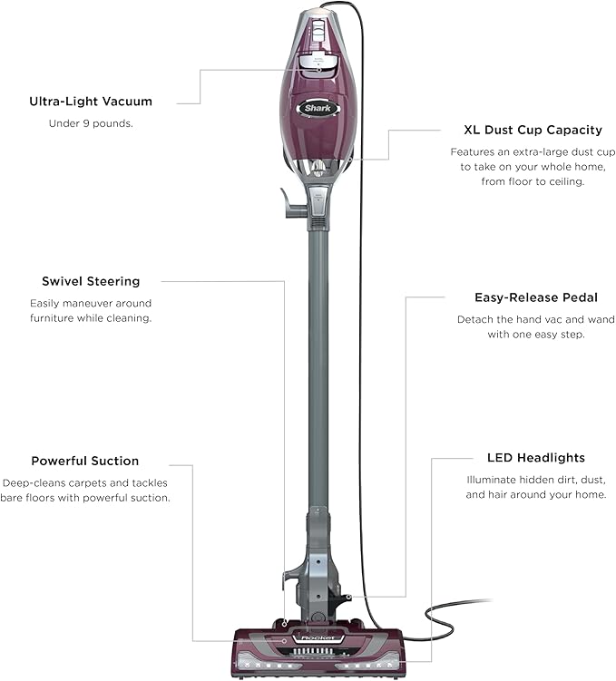 Shark HV322 Rocket Pet Plus Corded Stick Vacuum with LED Headlights XL Dust Cup Lightweight Perfect for Pet Hair Pickup Converts to a Hand Vacuum with (2) Pet Attachments Bordeaux/Silver