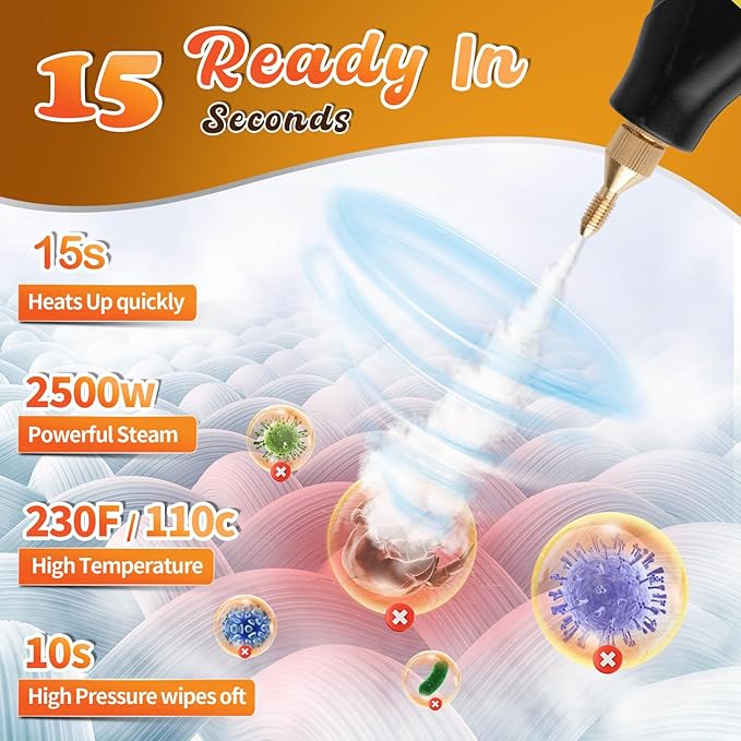 1200ml Handheld Steam CleanersPressurized Multi-Surface Steam Cleaner with 5pcs Accessoriesfor Home Upholstery Car Floor Window Grime Grease Grout and Tile (White-1200ml)