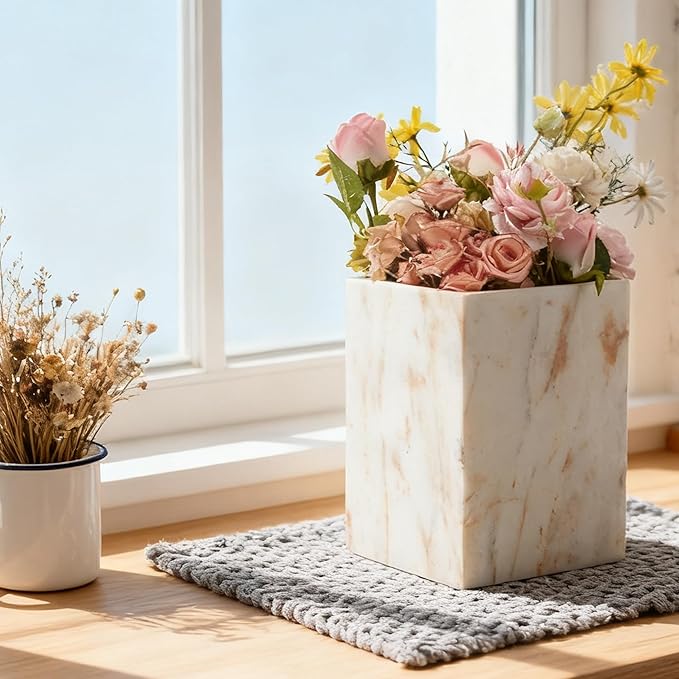 Small Marble Rectangular Trash Can 1.9 Gallon/7.2 Liter Garbage Bin Decorative White Gold Marble Wastebasket Mini Tiny Waste Basket for Bathroom Bedroom Home Office Laundry Room Kitchen