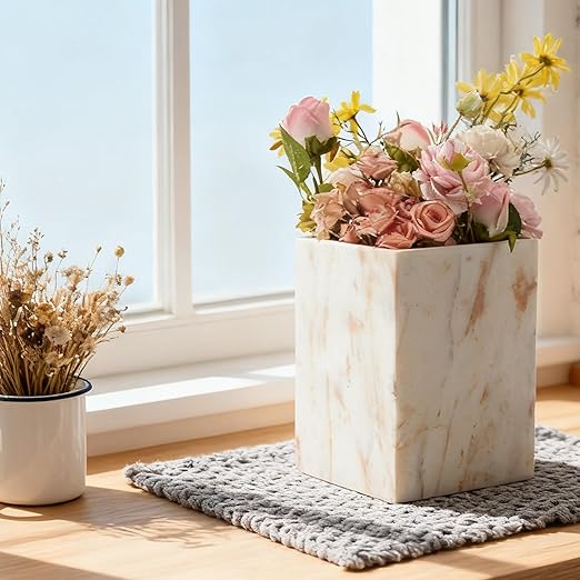 Elegant White Gold Marble Wastebasket Trash Can 7 X 7 X 9 Rectangular Trash Can with Natural Veining Marble Basket for Bathroom Bedroom Powder Room