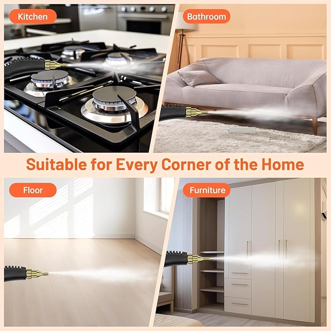 Steam Cleaner 2500W High Pressure Steam Cleaner for Home Steamer for Cleaning with 3 Brush Heads 2 washers and Extended Rod Handheld Steam Cleaner for Upholstery Kitchen Bathroom (Orange)