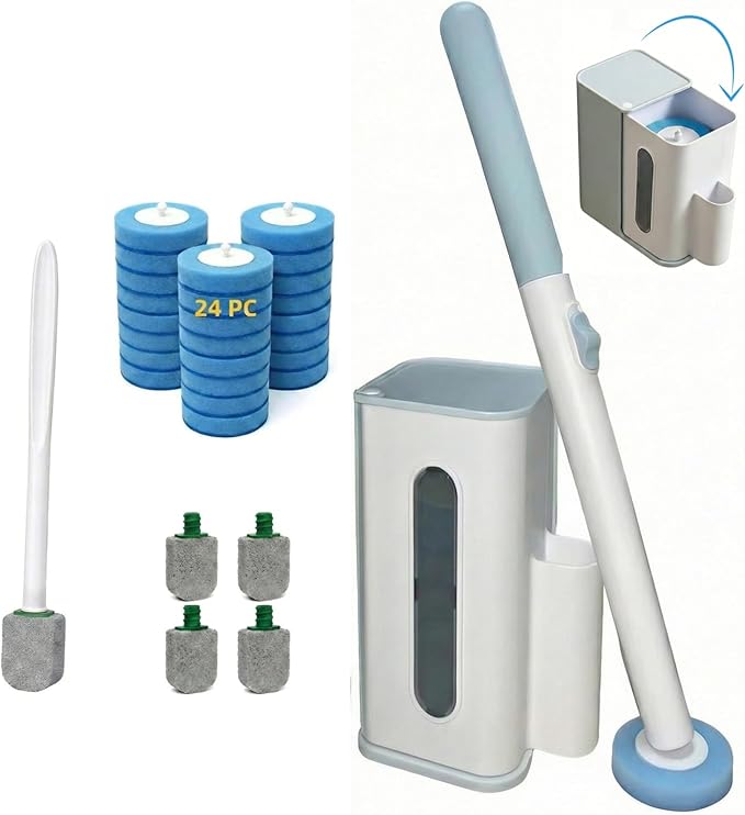 2-in-1 Toilet Cleaning Kit: Disposable Toilet Brush with 24 Refills &amp Pumice Stone Scrubber with 4 Stones Wall Mounted Holder No-Touch Cleaning for Toilets Sink