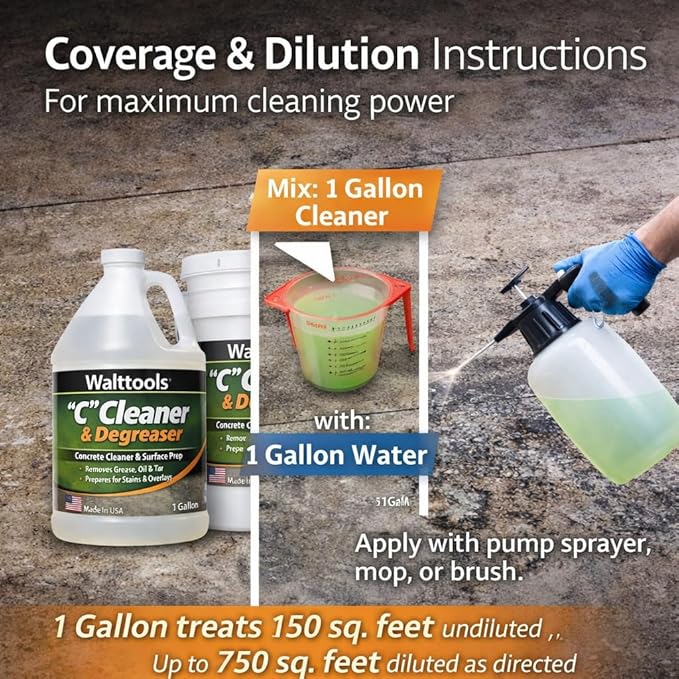 “C” Cleaner &amp Degreaser – Citrus-based concrete cleaner that removes grease oil tar &amp rubber marks. Eco-friendly non-toxic degreaser for floors and overlays.