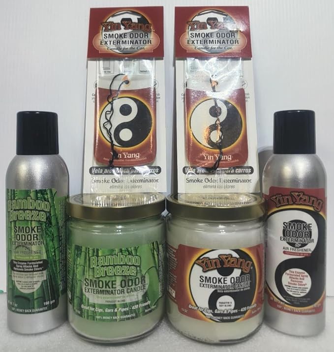 Smoke odor Exterminator Bamboo Breeze Includes Two 13 oz Jar Candle Two 7 oz Spray &amp Two Car Hangers All in One Bundle.