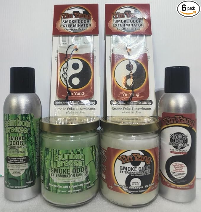 Smoke odor Exterminator Bamboo Breeze Includes Two 13 oz Jar Candle Two 7 oz Spray &amp Two Car Hangers All in One Bundle.