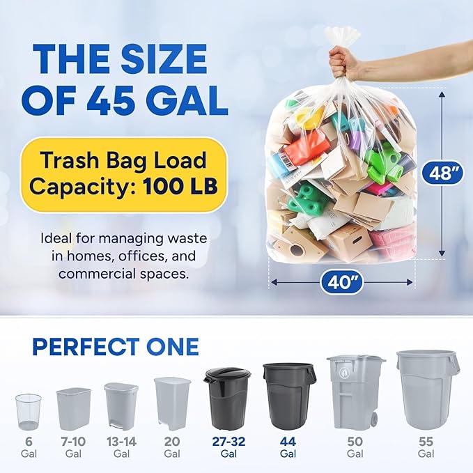 Plexon 40-45 Gallon Trash Bags Clear High-Density 22 Micron 40W × 48L Heavy Duty Garbage Bags Pack of 150 Puncture Resistant Ideal for Businesses and Facilities