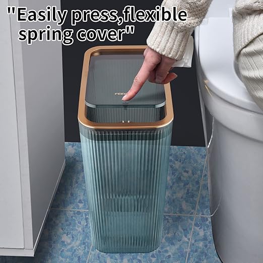Transparent Trash Can Bathroom Trash Cans with Lids 2.6 Gallon Garbage Can for Bedroom Office Plastic Slim Waste Basket with Press Top Lid 10L Clear Trash Bin for Home Kitchen (Blue)