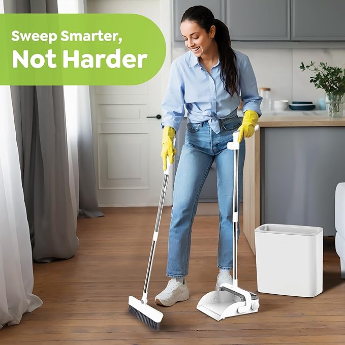 DustDockPro: Broom and Dustpan Set with Trashcan - Long Handle Upright Dust Pan with Teeth Comb Angled Bristles for Pet Hair Removal Compact Cleaning Kit for Kitchen Home Tiles Hard Floors