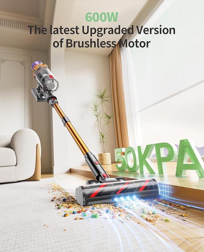 Cordless Vacuum Cleaner 600W 50KPA 65Mins Cordless Stick Vacuum Cleaner With Touch Screen Self-StandingWall Mount Charging Handheld Vacuum Cleaners for Home/Pet Hair/Carpets/Hard Floors(X7A)