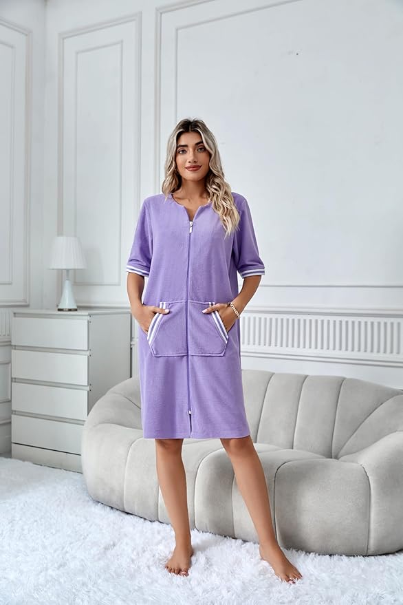 Richie House RH Housecoat Women Zipper Front Duster Robe 3/4 Lounger Housedress Pocket Nightgown S-3XL RHW4008