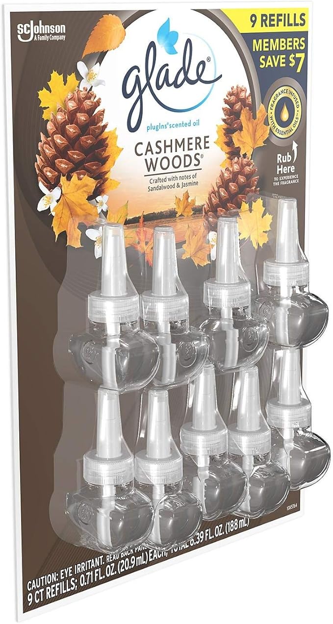 Glade PlugIns Scented Oil Refill Essential Oil Infused Wall Plug in 6.39 fl. oz 9 ct. (Cashmere Woods)