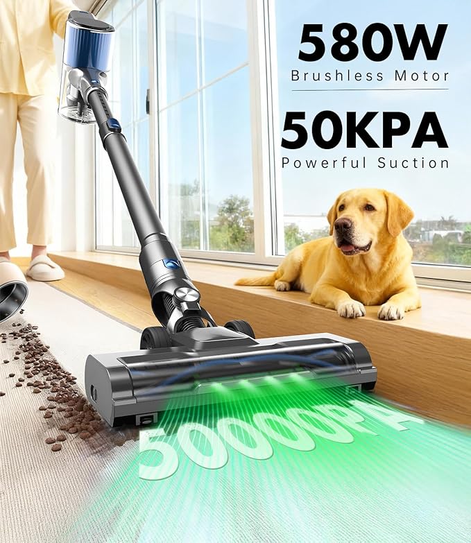 Cordless Vacuum Cleaner 580W/50Kpa/50Mins Stick Vacuum for Home LED Touch Screen Anti-Tangle Wall Mount Charging Lightweight Rechargeable Vacuum for Carpet Pet Hair Hardwood Floor Blue