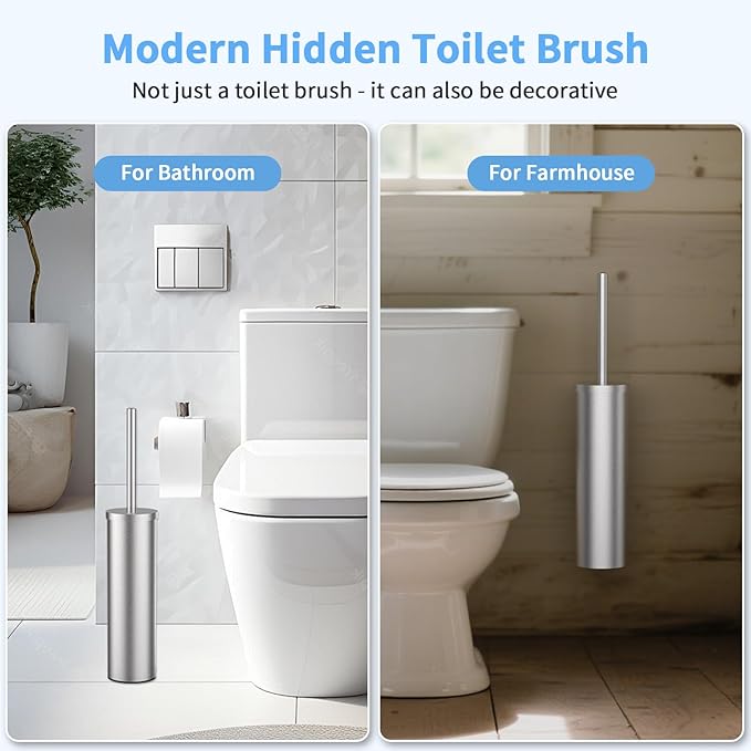 Stainless Steel Toilet Brush and Holder Set Wall Mount Heavy Duty Toilet Bowl Brush Brushed Silver Toilet Bowl Brush Set with Long Handle for Bathroom and Farmhouse