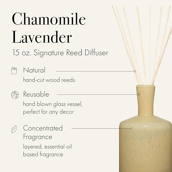LAFCO New York Signature Reed Diffuser Chamomile Lavender - 15 oz - Up to 9 Months Fragrance Life - Reusable Hand Blown Glass Vessel - Natural Wood Reeds - Made in The USA