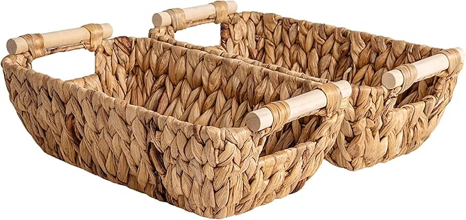 StorageWorks Hand-Woven Small Wicker Baskets Water Hyacinth Storage Baskets with Wooden Handles 2-Pack
