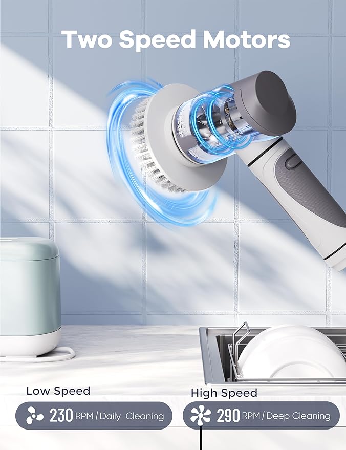 Electric Spin ScrubberPower Scrubber Dual Speeds Cordless Shower Scrub Brush with HandleCleaning Brush with IPX7 Waterproof8 Brush Heads for KitchenTileTub (Short Purple)