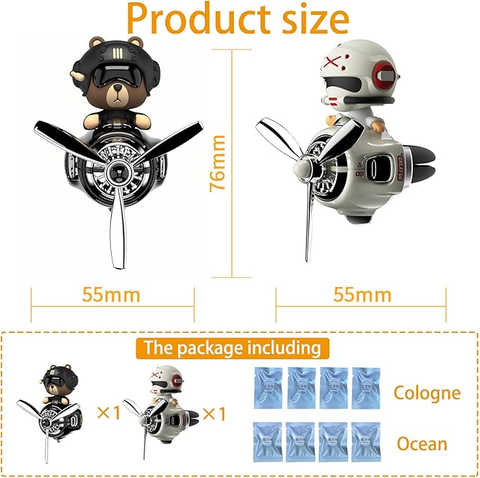 2Pcs Car Air Fresheners Cute Bear Pilot Automotive Air Outlet Creative Car Perfume Diffuser Automotive Accessories Air Vent Decoration with 8 Fragrant Tablets (Black 1+White 1)