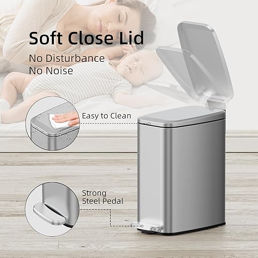 KUK Slim Bathroom Trash Can with Lid 1.6 Gal / 6L Stainless Steel Small Garbage Bin with Detachable Inner Bucket Step Pedal Silent Close Wastebasket for Toilet Bedroom Home Office (Silver)