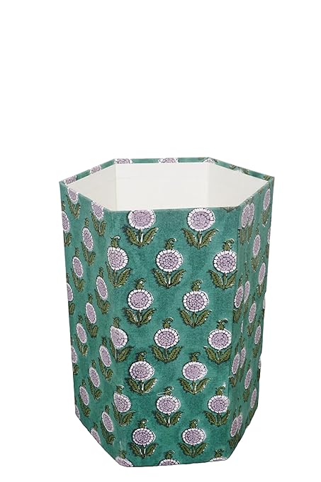 Generic 3.3 Gallon Cotton Hand Block Printed Paper Waste Basket |Small Decorative Trash Can for Housewarming Gifts in Living Room Bedroom Bathroom | Eco-Friendly Plastic-Free (1 GREEN)