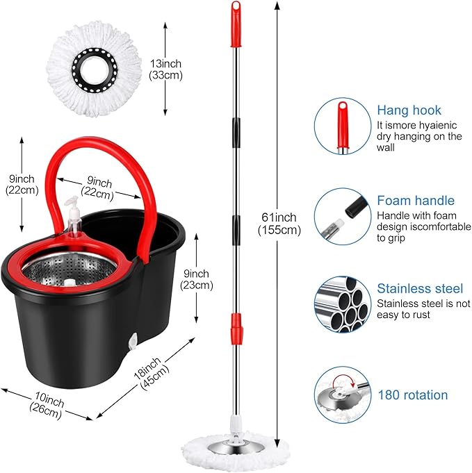 Spin Mop and Bucket with Wringer Set 360° Spinning Mop Bucket System with 3 Microfiber Mop Replacement Heads and 61 Stainless Steel Adjustable Handle for Floor Cleaning (20QT)