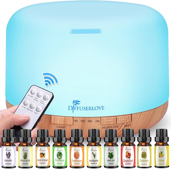 Diffuserlove Diffuser Essential Oil Diffusers 500ML Remote Control Aroma Diffuser Cool Mist Aromatherapy Diffuser with Mute Design Timer and Auto Shut-Off for Office Living Room Yellow