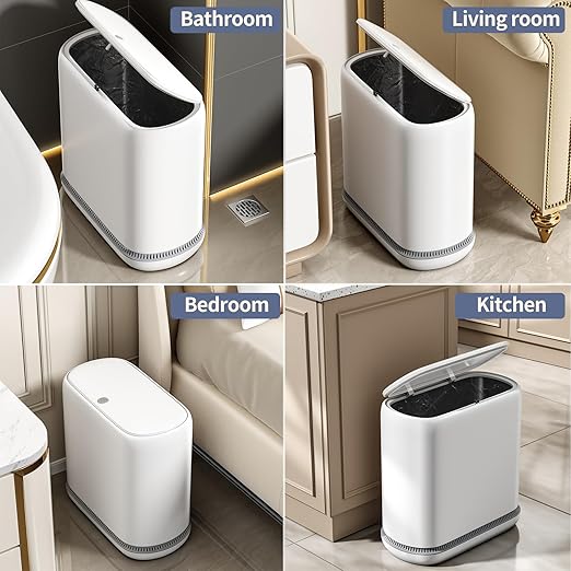 Bathroom Trash Can with Lid 3 Gallon Small Slim Garbage Bin with Auto-Adsorption &amp 75 Bags (5 Rolls) Mini Waste Basket Dog Proof for Bathroom Kitchen Office Bedroom Laundry Toilet Rv Whit