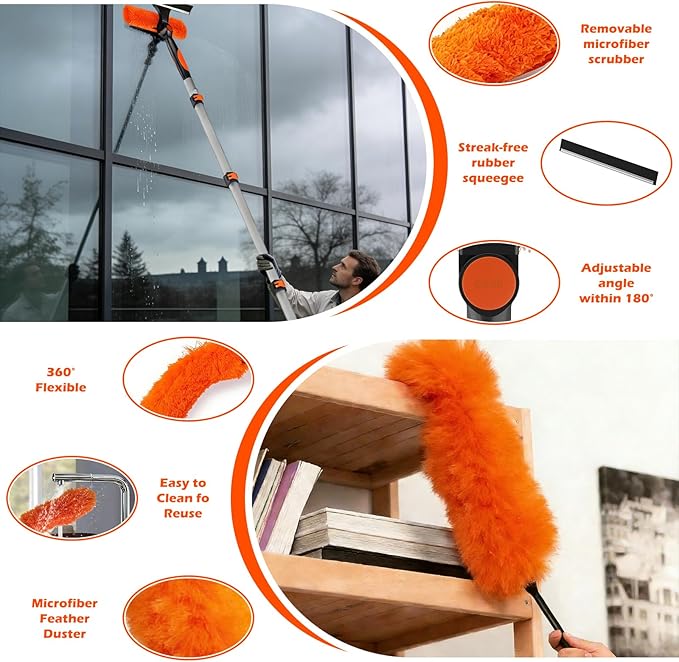 16FT Reach High Ceiling Duster Kits with 3-12FT Adjustable Pole - Includes Extra Long Duster High Ceiling Duster Rotatable Window Squeegee &amp Cobweb Duster for Ceiling Fans and Whole House Cleani
