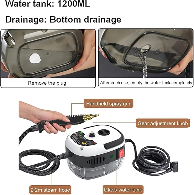 Handheld Steam Cleaner 1200ML Household Compact Kitchen Steam Cleaning Machine 6-Speed Adjustment Multi-Function Nozzle for Cleaning Floor Upholstery Grout and Car (Black and white)