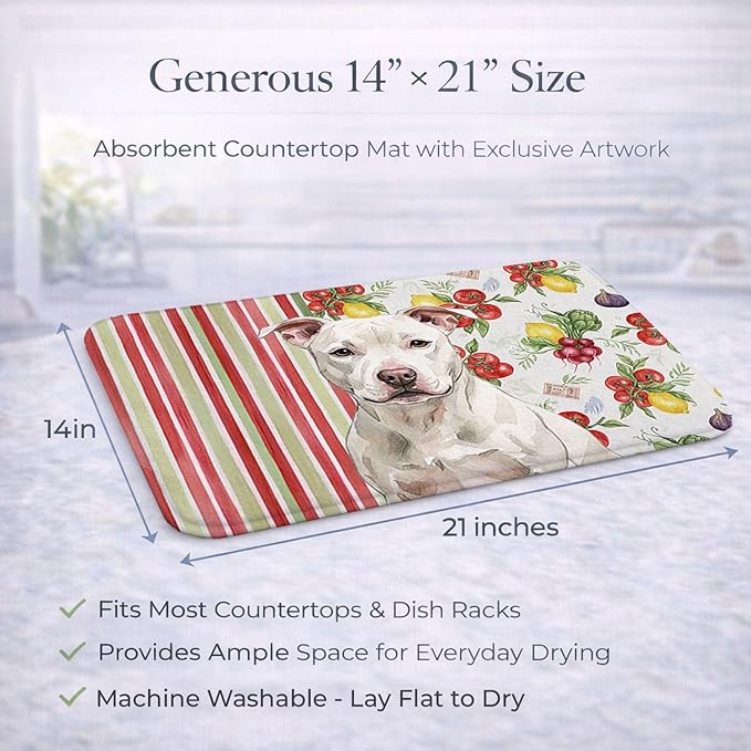 Caroline's Treasures White Staffordshire Bull Terrier Vegetables Dish Drying Mat Absorbent Dish Drying Mat Pad for Kitchen Counter Dish Drainer Mat for Countertop 14 x 21 Multicolor