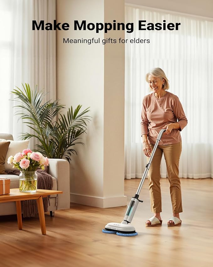 iDOO Electric Cordless Spin Dust Mop Electric Mops for Floor Hardwood Tile Cleaning with Sprayer &amp LED Headlight Rechargeable Dual-Motor Quiet Self Propelled Water Tank 4 Replaceable Heads Wh