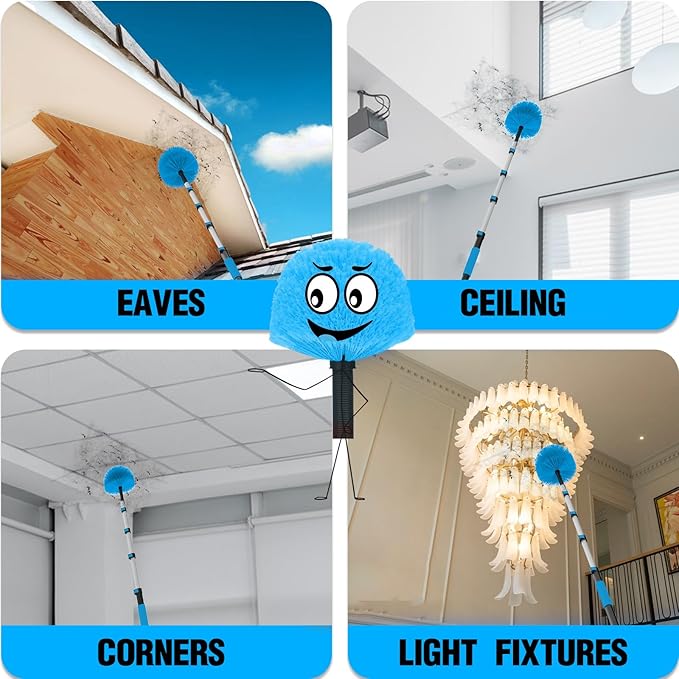 26FT Reach Cobweb Duster with Extension Pole - Spider Web Brush for Cleaning with 5-20FT 4-Section Flip-Lock Telescopic Pole Effortlessly Cleans High Indoor &amp Outdoor Webs