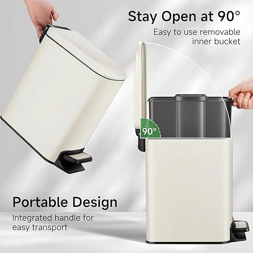 TIPGO Slim Bathroom Trash Can with Lid Soft Close 6 Liter / 1.6 Gallon Stainless Steel Garbage with Removable Inner Bucket Small Trash Bins for Bedroom Office (Cream)