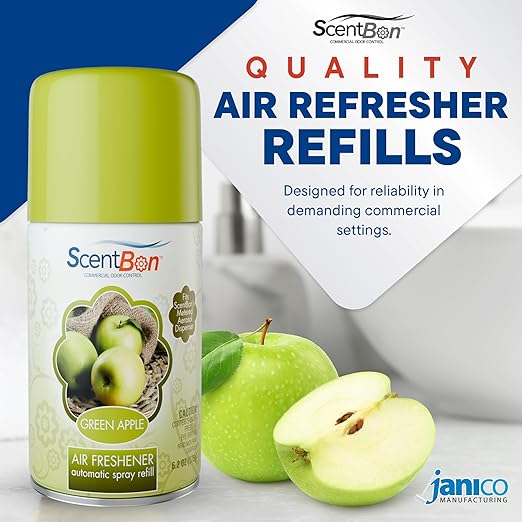 ScentBon Air Freshener Refill Metered Aerosol Can Cinnamon Fresh Linen Green Apple Mango Ocean Vanilla Pack of 12 (12 Green - Green Apple Scent)