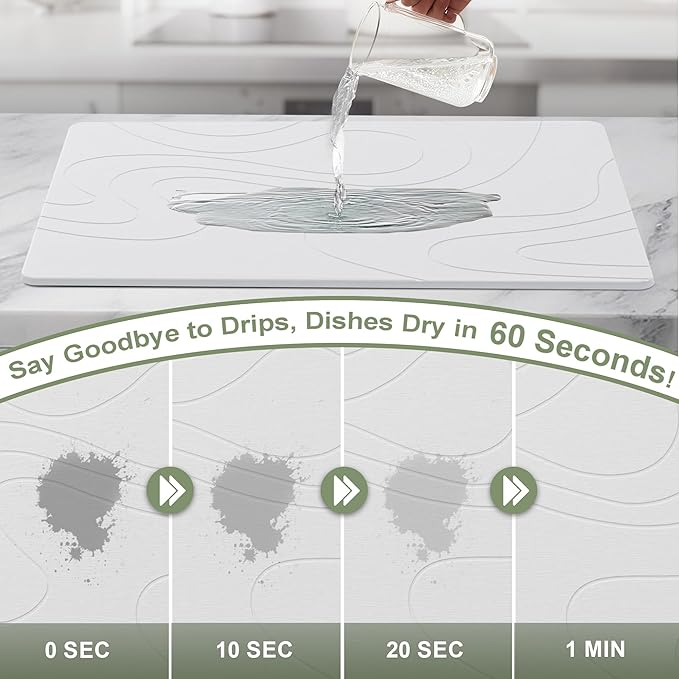 Large Stone Drying Mat for Kitchen Counter 24 × 16 Diatomite Dish Drying Mat Quick Dry Stone Mats Ultra Absorbent Natural Diatomaceous Earth Mats for Dished Bottles White