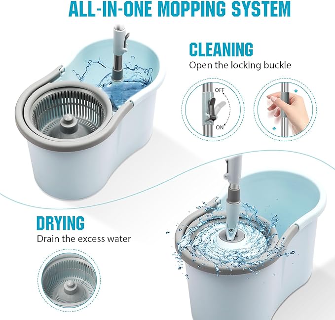 Spin Mop and Bucket with Wringer Set 360° Spinning Mop Bucket System with 3 Microfiber Mop Replacement Heads and 50 Stainless Steel Adjustable Handle for Floor Cleaning
