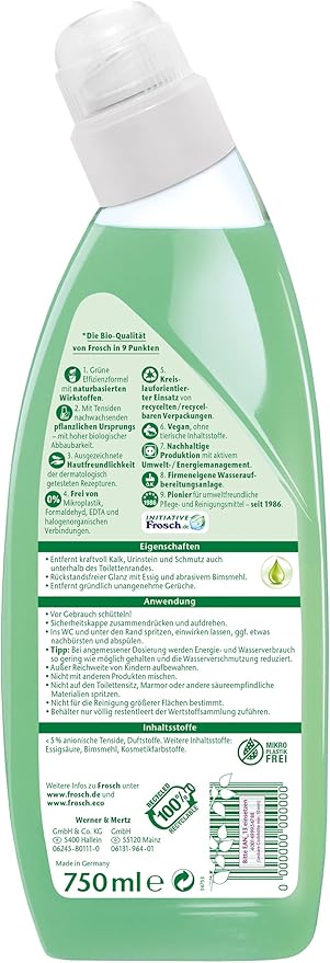 Frosch Vinegar Toilet Cleaner Liquid Toilet Cleaner Removes Lime and Urinary Stone for Powerful Cleaning with Vinegar and Pumice Flour 750 ml